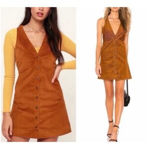 Free People Burnt Orange Corduroy Button Front Jumper Mini Dress Womens Medium